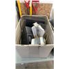 Image 2 : 2 TOTES OF KITCHEN ITEMS, KNIVES IN KNIFE BLOCK, SPEAKERS
