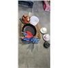 Image 1 : TRAY OF LAWN DARTS, ROYAL ALBERT AND JAPAN CHINA CUPS AND SAUCERS, SQUIRREL HOLDER, SUNBEAM MIXING B