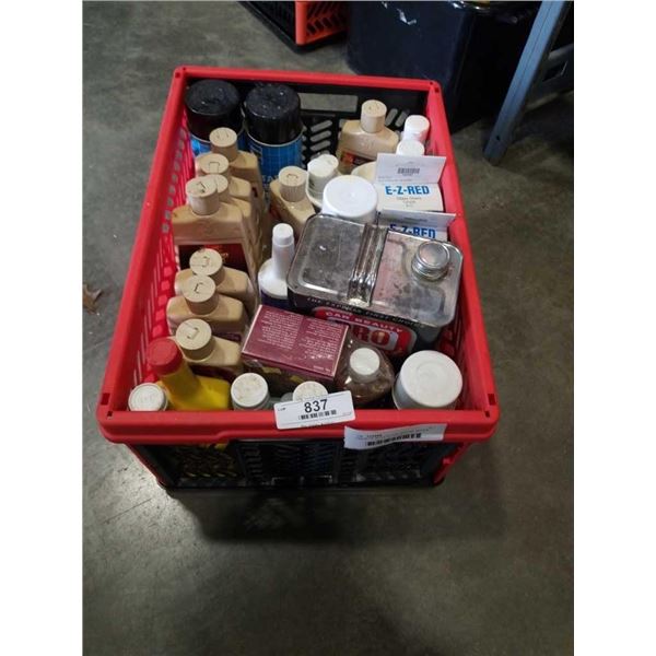 CRATE OF AUTO FLUIDS, POLISH, WATER PUMP LUBE, ENGINE TUNE UP, ANTI FREEZE TESTERS, BODYWORK SHAMPOO