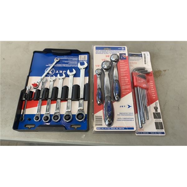 3 NEW JET TOOL SETS - 7PC WRENCH SET, 9 PIECE HEX KEY SET AND 3 PIECE RATCHET SET