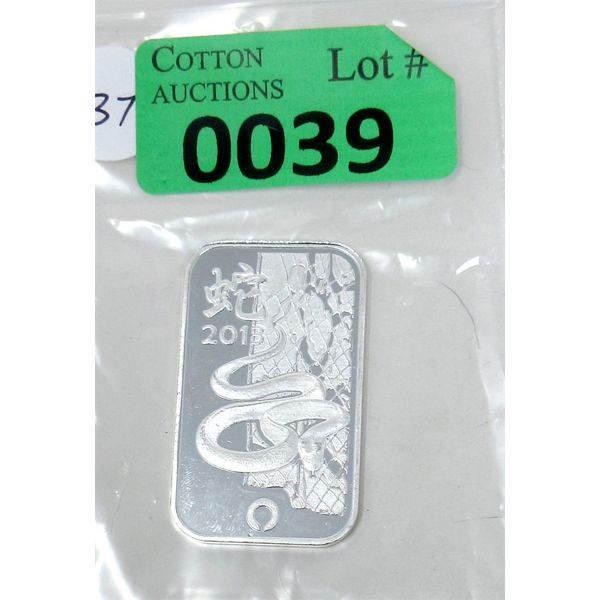 1 Oz .999 Silver 2013 Year of the Snake Bar 
