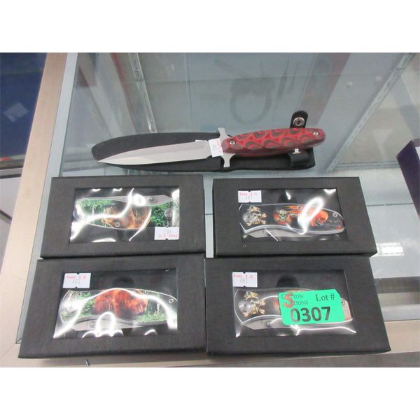 Dagger & 4 New Folding Knives with 3" Blades