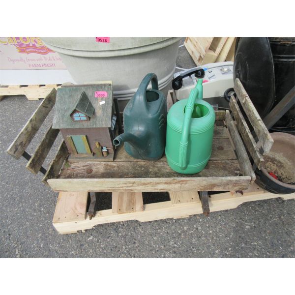 Birdhouse, 2 Watering Cans & 1 Wood Wagon