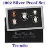 Image 1 : 1992 United States Mint Silver Proof Set. 5 Coins Inside. Black box and COA