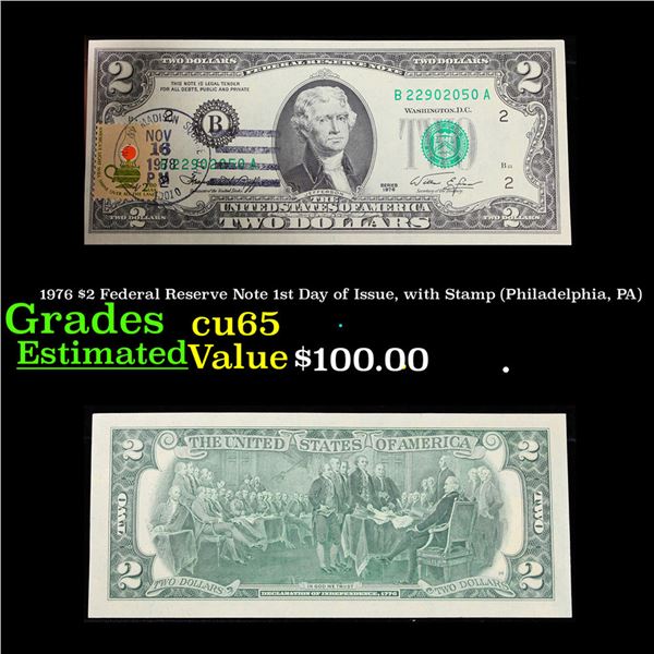 1976 $2 Federal Reserve Note 1st Day of Issue, with Stamp (Philadelphia, PA) Grades Gem CU