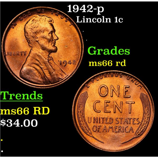 1942-p Lincoln Cent 1c Grades GEM+ Unc RD