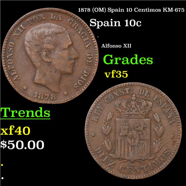 1878 (OM) Spain 10 Centimos KM-675 Grades vf++