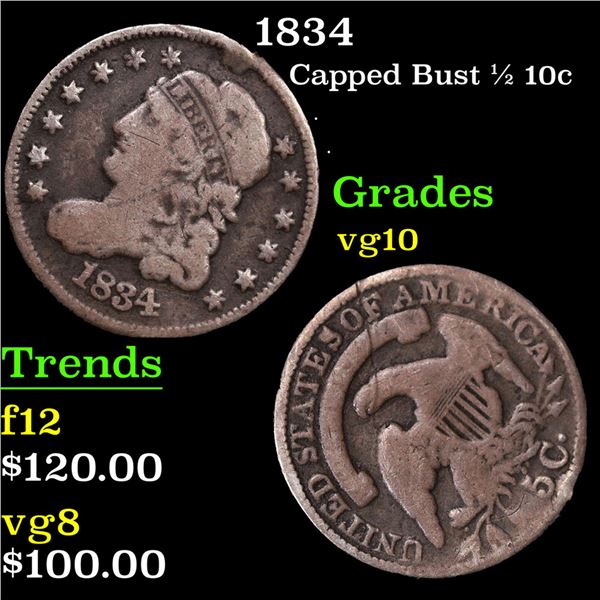 1834 Capped Bust Half Dime 1/2 10c Grades vg+
