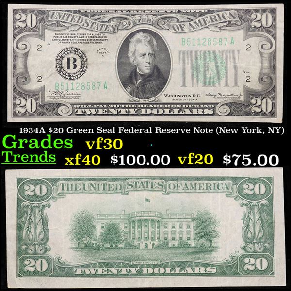 1934A $20 Green Seal Federal Reserve Note (New York, NY) Grades vf++