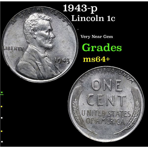 1943-p Lincoln Cent 1c Grades Choice+ Unc
