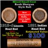 Image 1 : Mixed small cents 1c orig shotgun roll, 1918-d Wheat Cent, 1891 Indian Cent other end, Brinks Wrappe