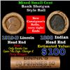 Image 1 : Mixed small cents 1c orig shotgun roll, 1919-d Wheat Cent, 1898 Indian Cent other end, Brinks Wrappe
