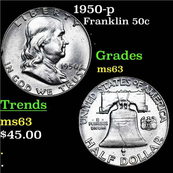 1950-p Franklin Half Dollar 50c Grades Select Unc