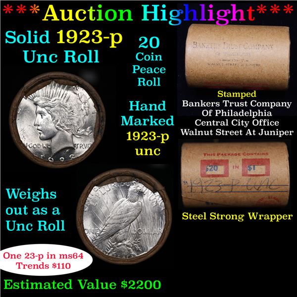 ***Auction Highlight*** Full solid date 1923-p Uncirculated Peace silver dollar roll, 20 coins (fc)