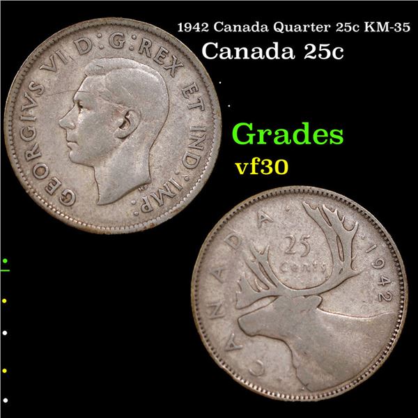 1942 Canada Quarter 25c KM-35 Grades vf++