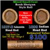 Image 1 : Mixed small cents 1c orig shotgun roll, 1917-d Wheat Cent, 1899 Indian Cent other end, Brinks Wrappe