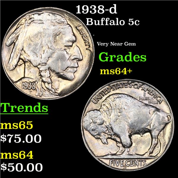 1938-d Buffalo Nickel 5c Grades Choice+ Unc