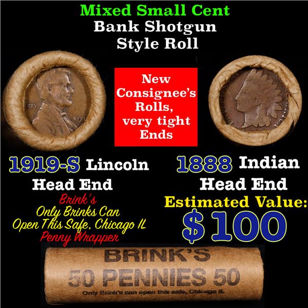 Mixed small cents 1c orig shotgun roll, 1919-s Wheat Cent, 1888 Indian Cent other end, Brinks Wrappe