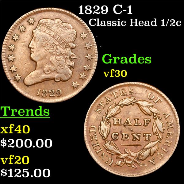 1829 Classic Head half cent C-1 1/2c Grades vf++