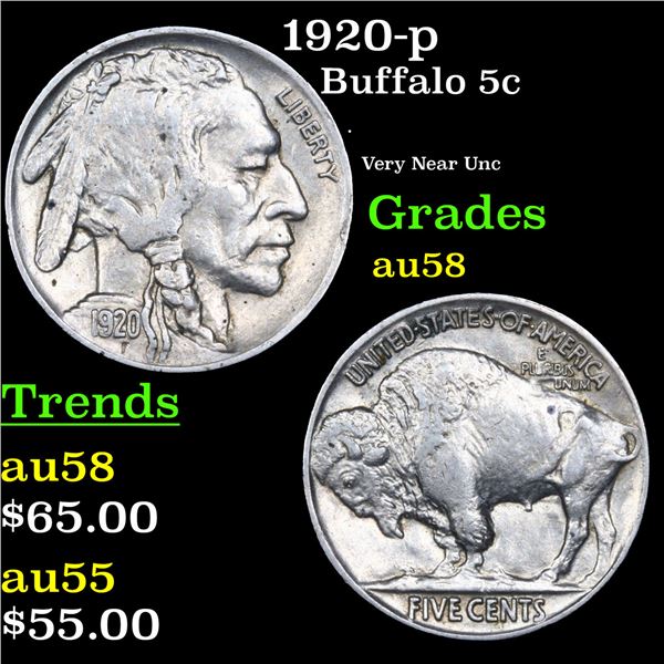 1920-p Buffalo Nickel 5c Grades Choice AU/BU Slider