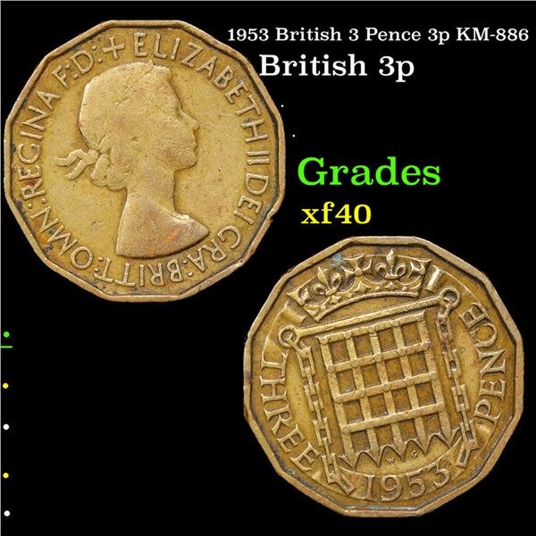 1953 British 3 Pence 3p KM-886 Grades xf