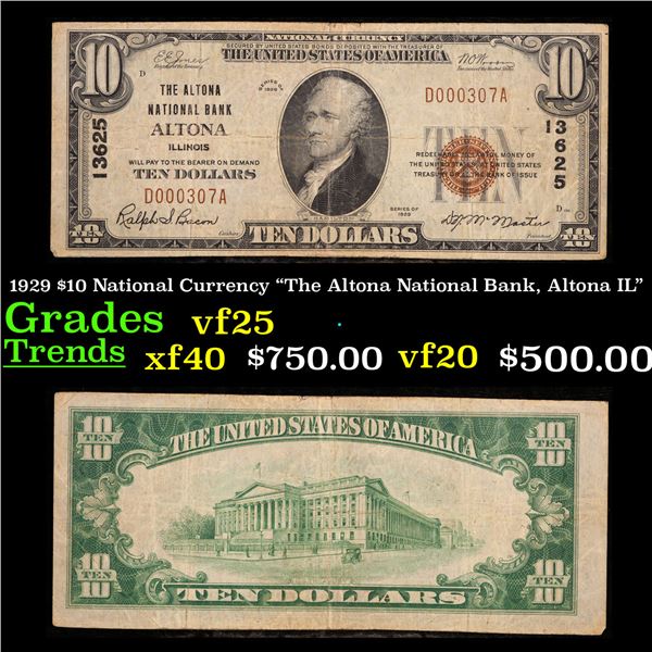 1929 $10 National Currency "The Altona National Bank, Altona IL" Grades vf+
