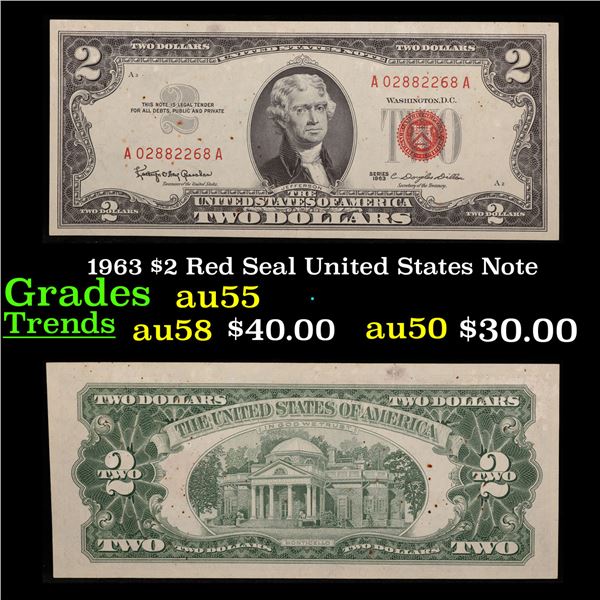 1963 $2 Red Seal United States Note Grades Choice AU