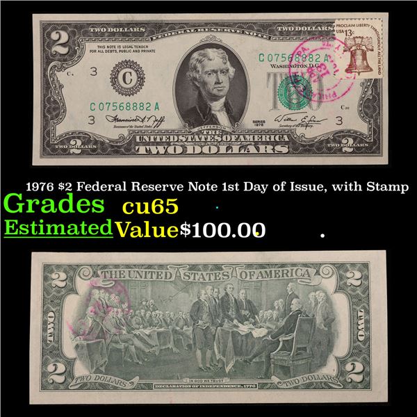 1976 $2 Federal Reserve Note 1st Day of Issue, with Stamp Grades Gem CU