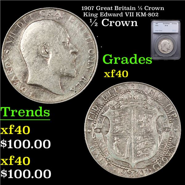 1907 Great Britain 1/2 Crown King Edward VII KM-802 Graded xf40 By SEGS