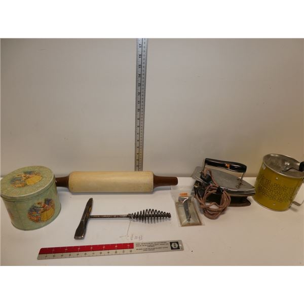 Misc. Antique Items: Roller, Iron, Tin, Rasor