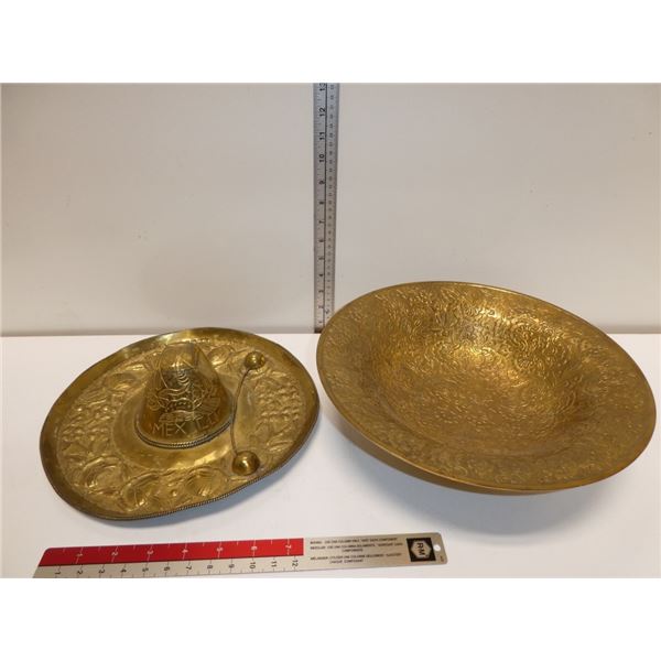 Vintage Large Brass Bowl and Mexican Brass Sombrer
