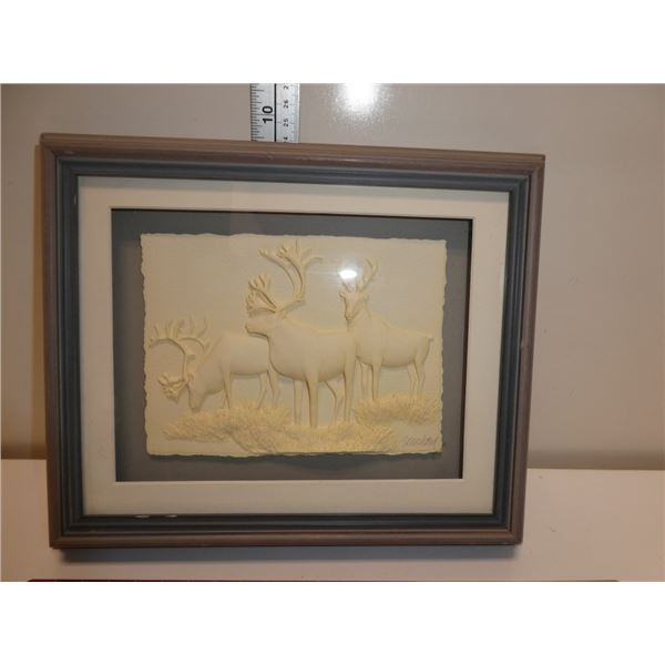 Framed 3 D , Signed Deer Stone Art