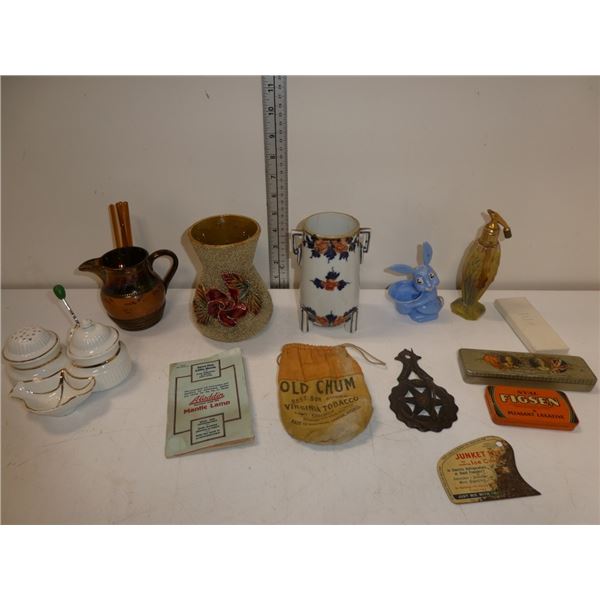 Antique Tins, Vases, Old Chum Tobacco Bag,