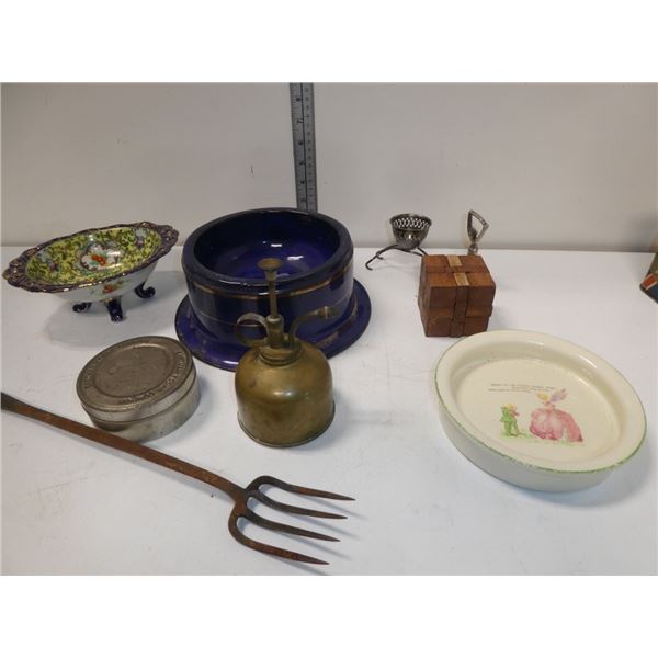 Blue Enamel Bowl, Ceramic bowl, Brass Waterer