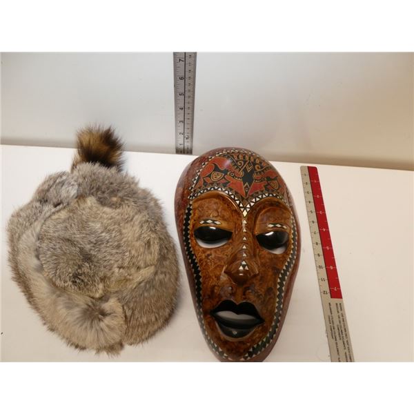 Vintage Fir Hat and Wooden Mask