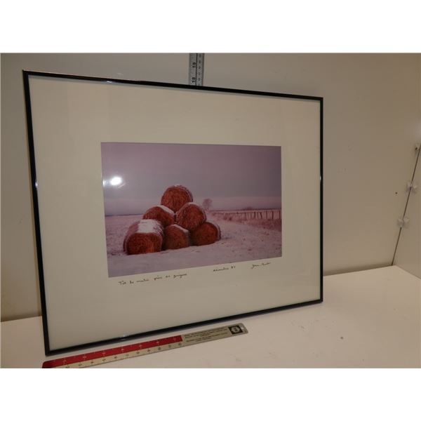Framed, Signed, French Print of Hay Bales in Wintr