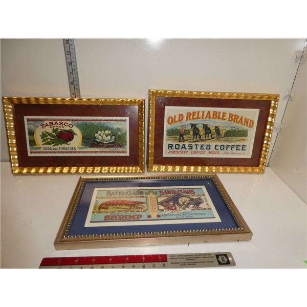 3 Vintage Framed, Advertising Prints