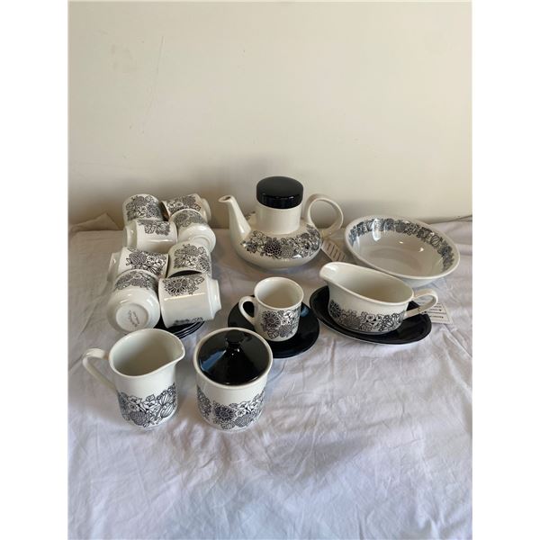 13 piece Grindkey Manitou dish set and wildwood ironstone staffordshire teapot