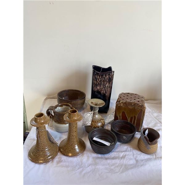 Pottery lot Agnes Bennett bowls, flower frog, signed pitcher, Guy de Pelteau candle holders