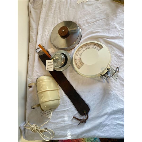 Vintage wall mount kitchen scale, leather stap, powder box with Bakelite handles mirror (cracked)  a