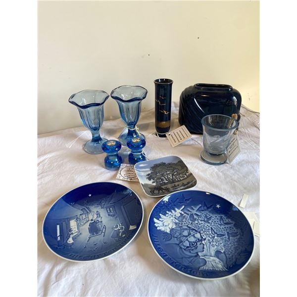 Collectible blue glassware, vase etc