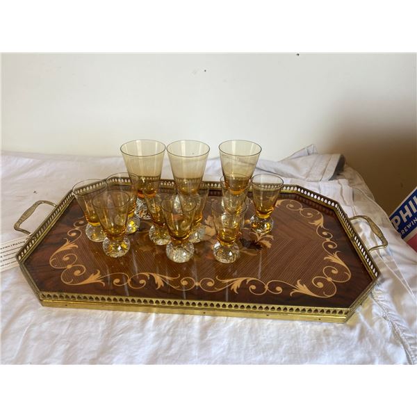 Inlaid tray and assorted drink glasses