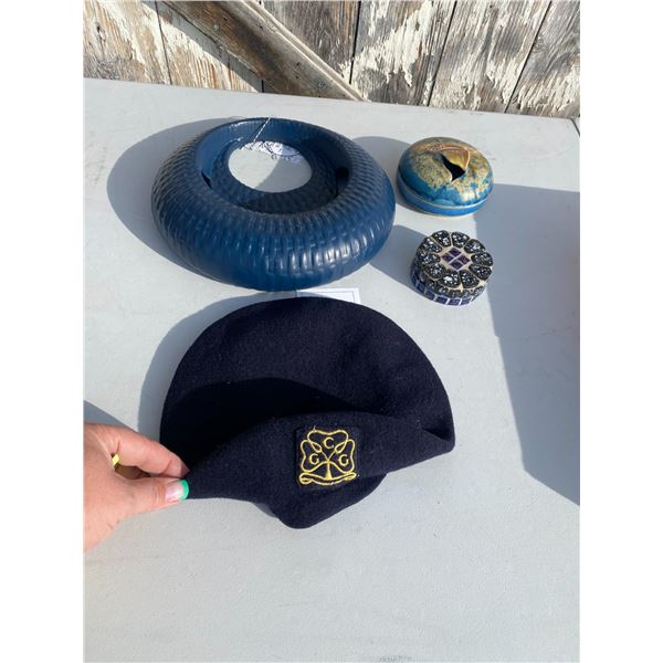 Girl guides wool beret, pottery wall pocket etc