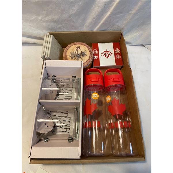 Coasters, water bottles and glasses