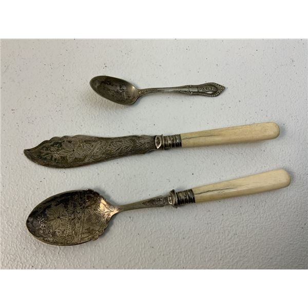 ANTIQUE SILVER ENGRAVED SERVING UTENSILS