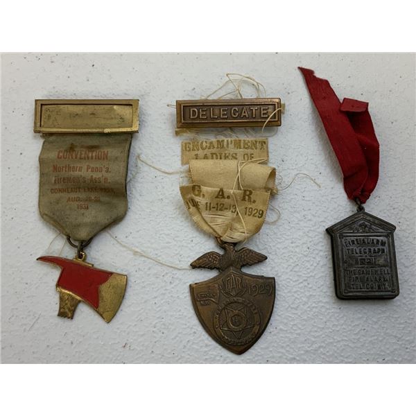 US EARLY MEDALS FIRE 1931 , GAR 1929 , FIRE ALARM TELEGRAPH