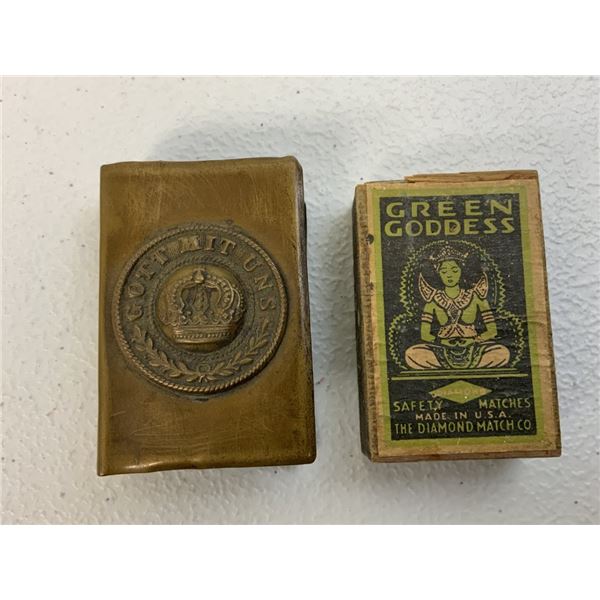 WWI GERMAN GOTT MIT UNS BRASS MATCH COVER WITH BOX OF MATCHES