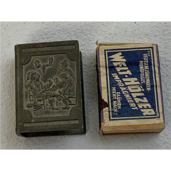 WWII GERMAN PEWTER MATCH COVER WITH BOX OF MATCHES