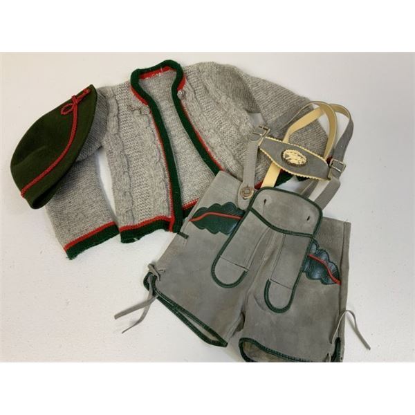 VINTAGE GERMAN / AUSTRIAN TYROLEAN VERY SMALL BOY'S LEDERHOSEN , HAT AND WOOL JACKET