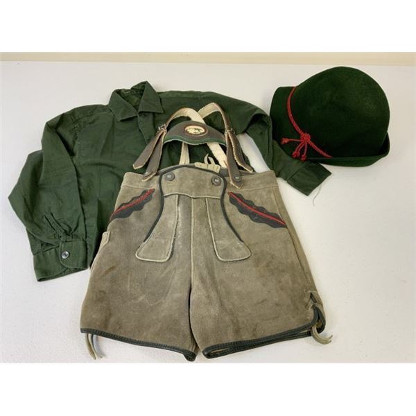 VINTAGE CIRCA WWII ERA GERMAN YOUNG BOYS LEDERHOSEN WITH SHIRT AND A HAT